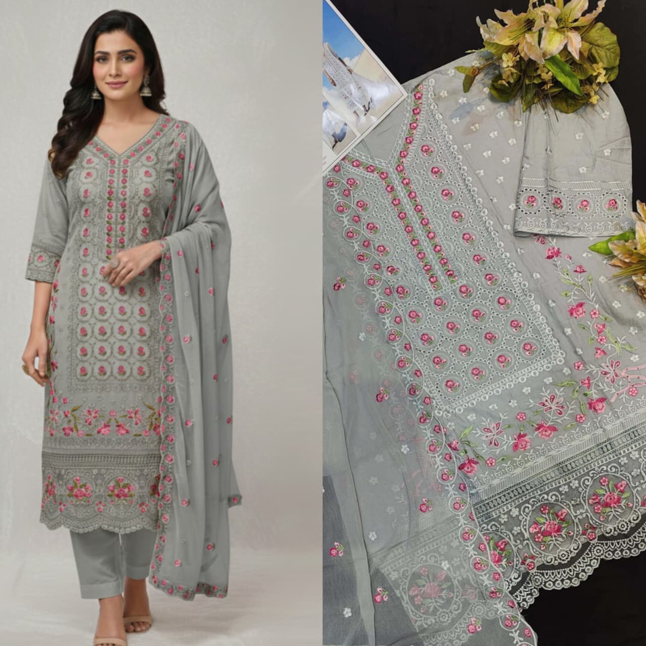 Grey Chikankari Work Unstitched Suit Set πΈ