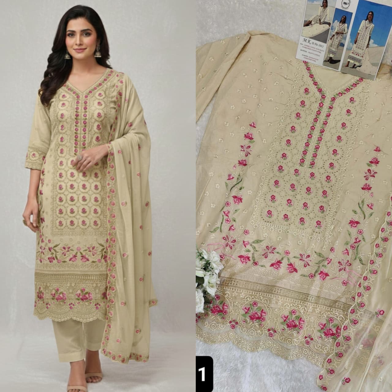 Golden Chikankari Work Unstitched Suit Set πΈ