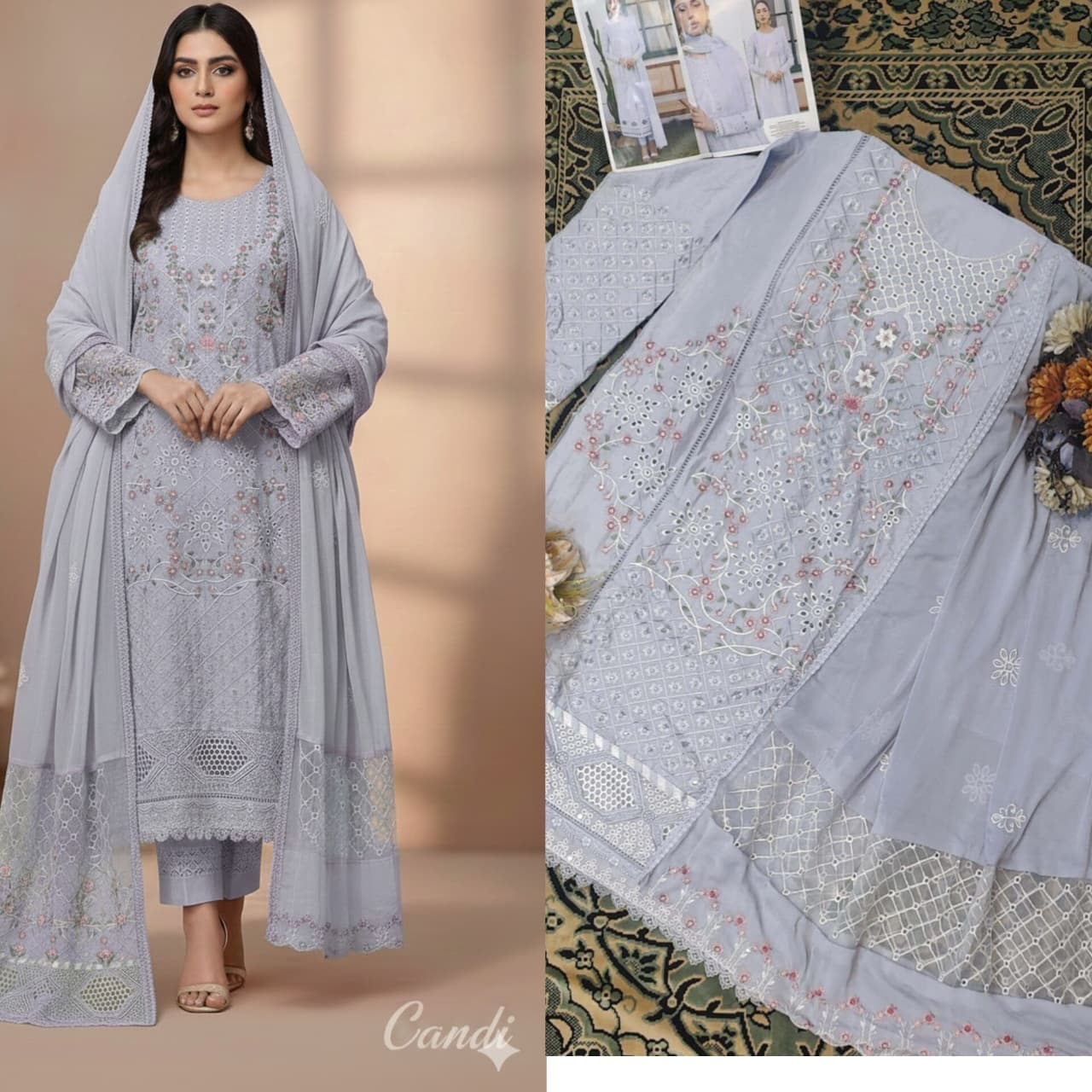 Soft Mist unstitched Chikankari suit Set
