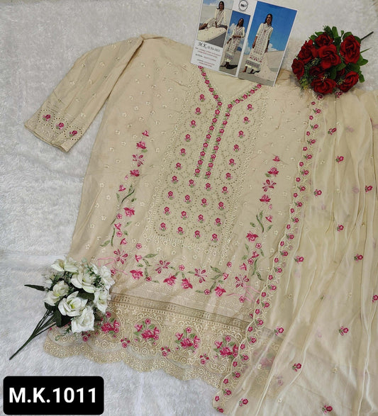 Golden Chikankari Work Unstitched Suit Set πΈ