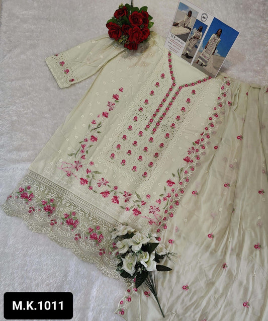 Light Pista Green Chikankari Unstitched Suit Set πΈ