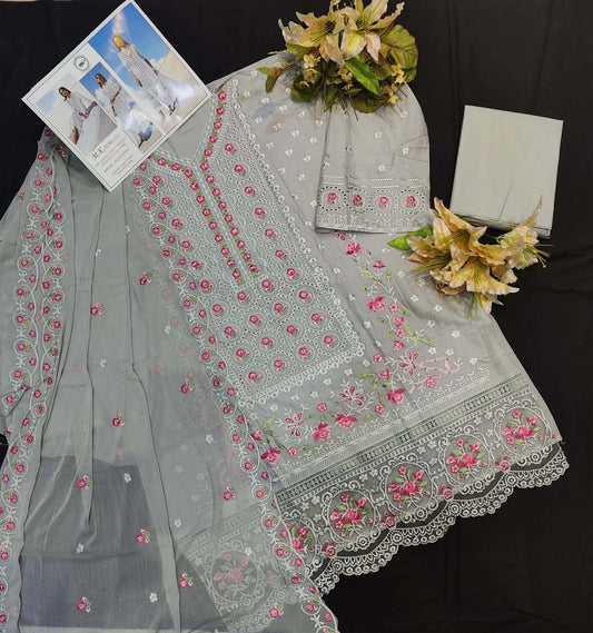 Grey Chikankari Work Unstitched Suit Set πΈ