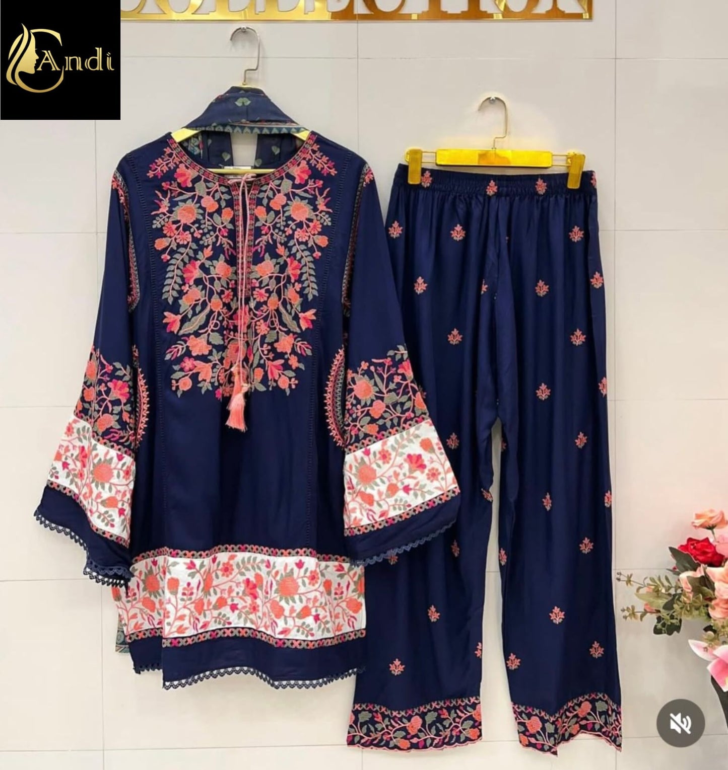 Navy Blue Floral Embroidered Kurti Pant Set