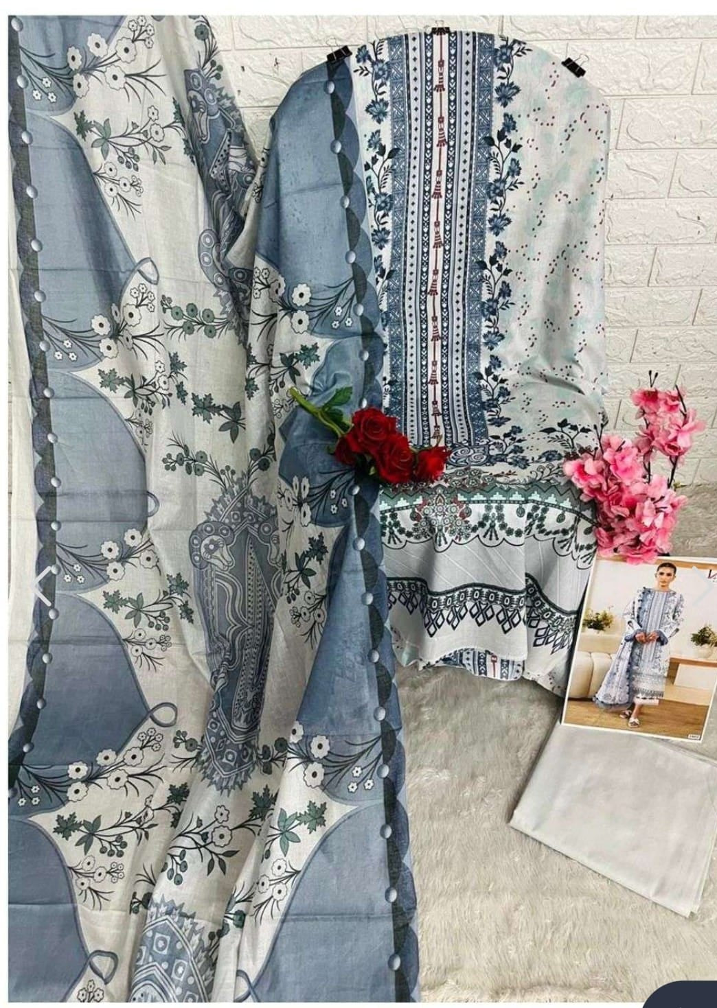 Misty Blue Printed Lawn Suit Set