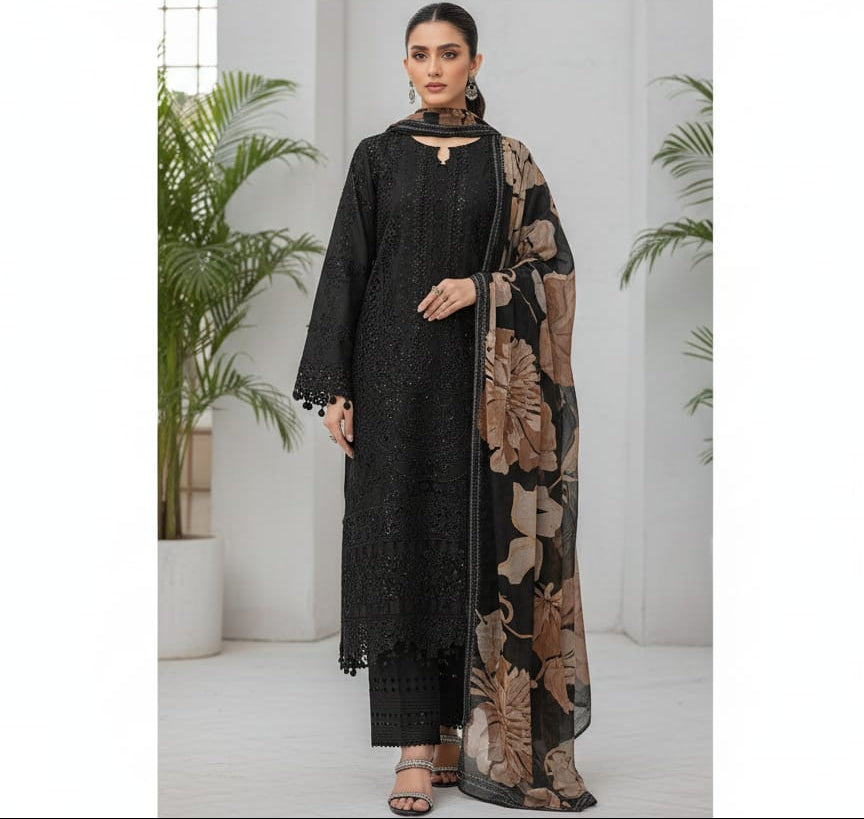 Chikankari Unstitched Suit Set Black with digital print dupatta