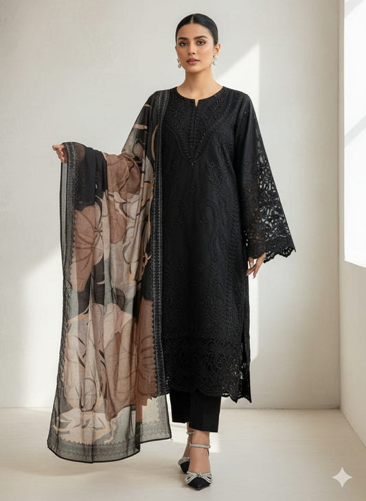 Chikankari Unstitched Suit Set Black with digital print dupatta