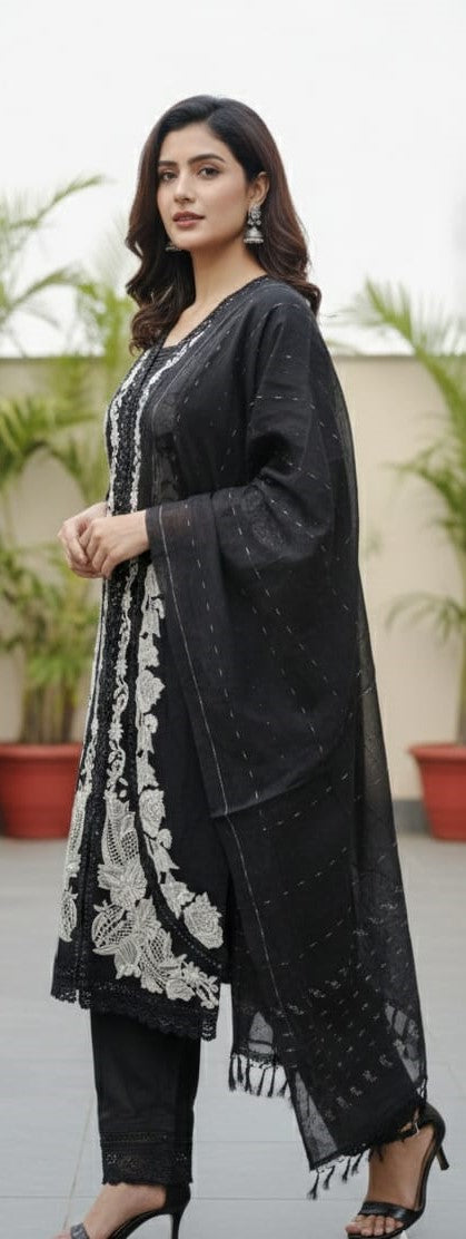 Black Embroidered Kurti Pant Set with Dupatta