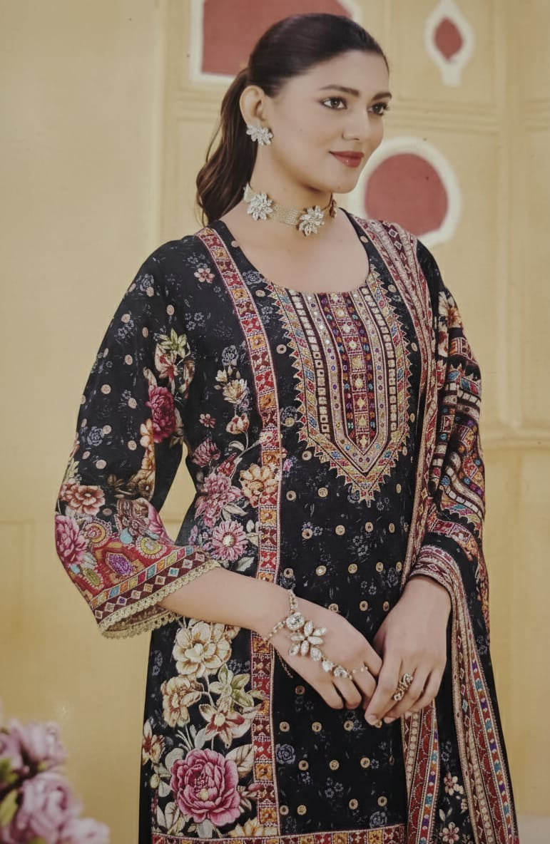 Muslin Black Floral Printed Kurta Pant Set with Dupatta