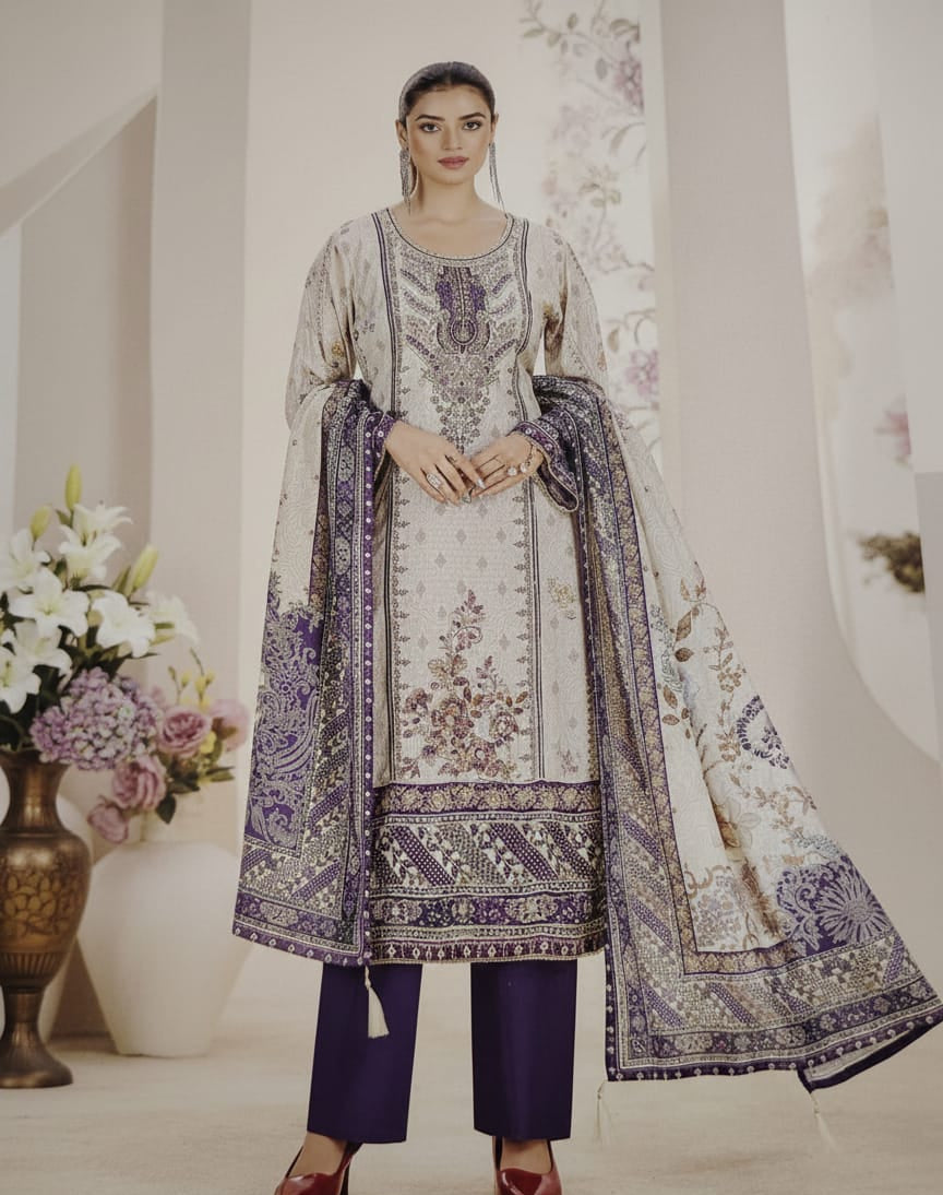 Ivory & Purple Printed Kurta Pant Set with Dupatta