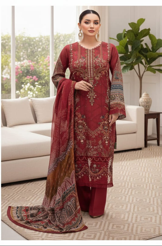 Red Embroidered Unstitched Suit Set for Women