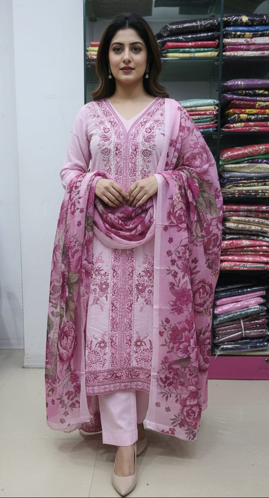 Pink Floral Cotton Kurti Pant Dupatta