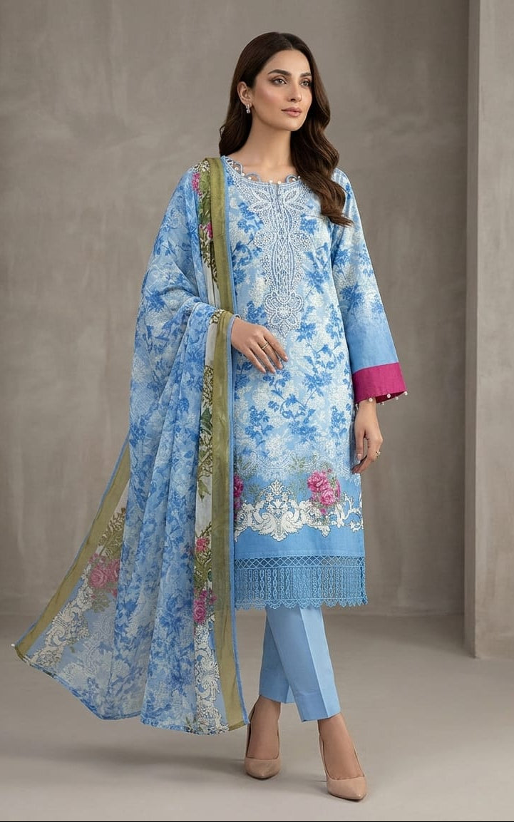 JAZMIN Heavy Patch Work Suit –sky Blue Floral Design