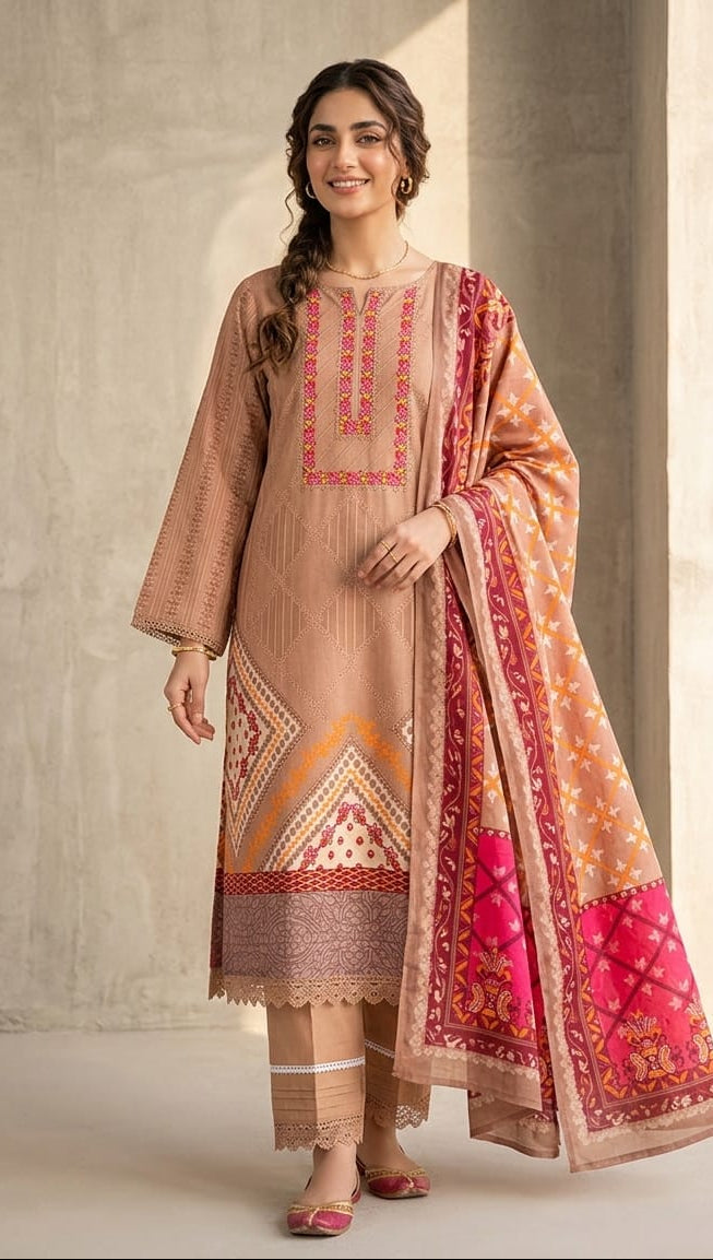 Beige Cotton lawn Printed Kurta Set with Dupatta