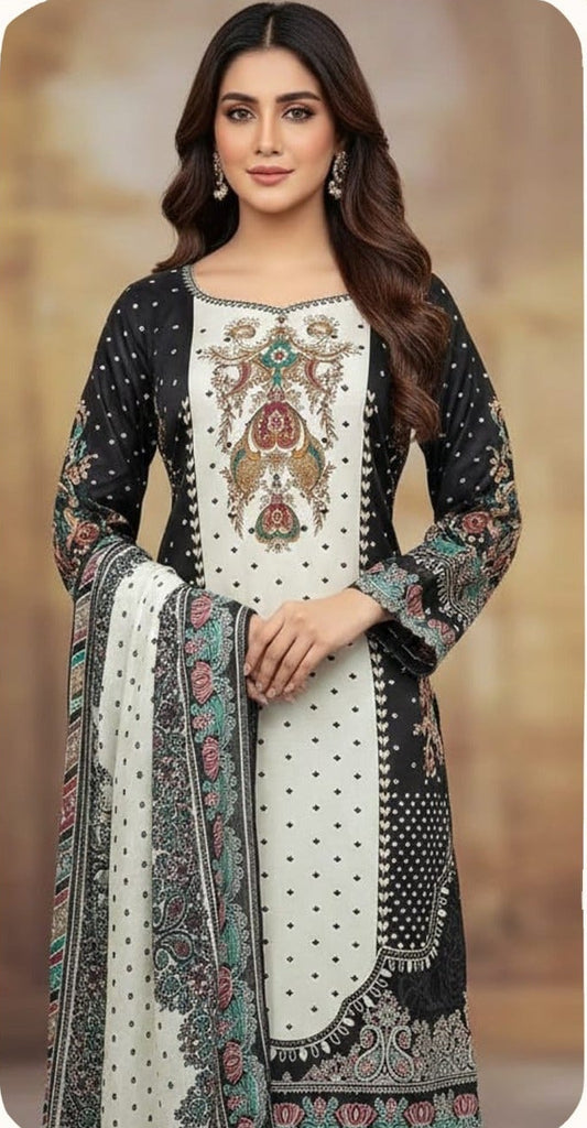 Black Cream Satin Pakistani Suit Set