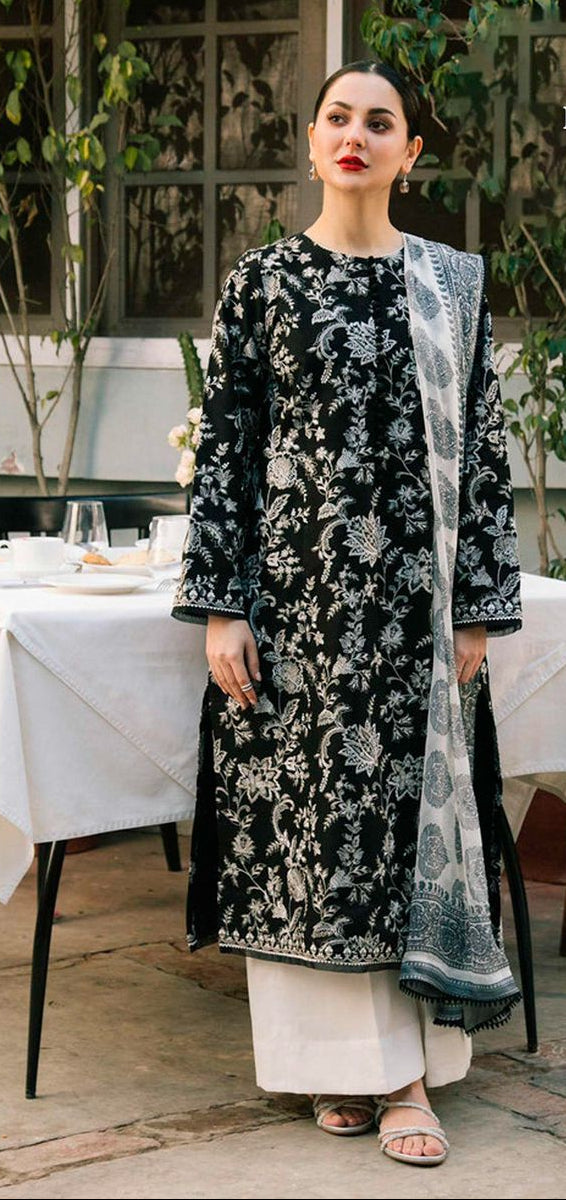 Unstitched Black Rayon Cotton Embroidered Kurta Set with Dupatta