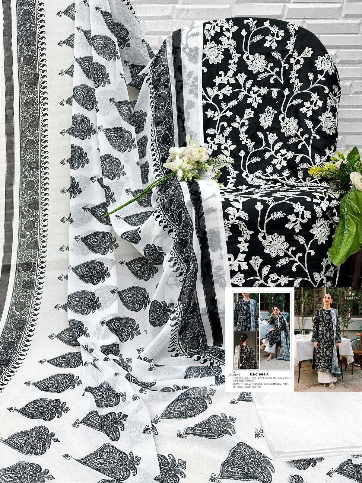 Black White Rayon Cotton Kurta Set with Dupatta