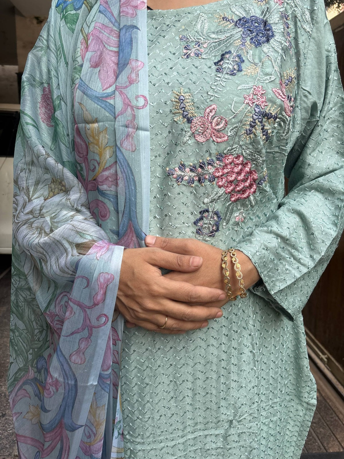 Elegant Pastel Mint Women Cotton Embroidered Kurta Set