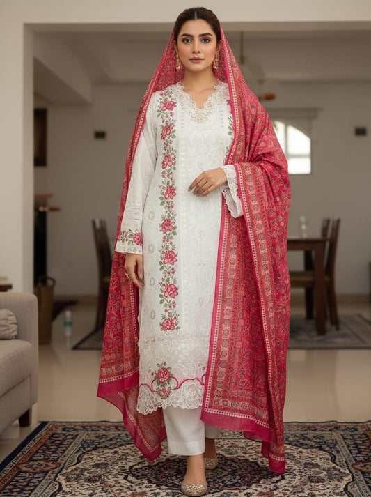 Unstitched White Embroidered Cotton Suit Set