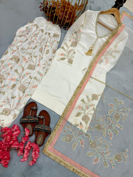 Ivory Embroidered Farsi Kurta Set with Dupatta