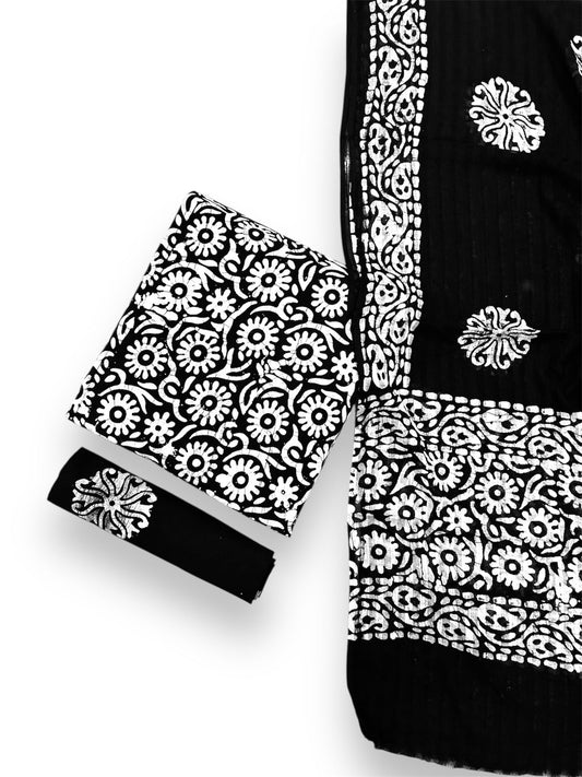 Cotton Unstitched Suit Set β Black & White Printed Kurti with Dupatta & Bottom