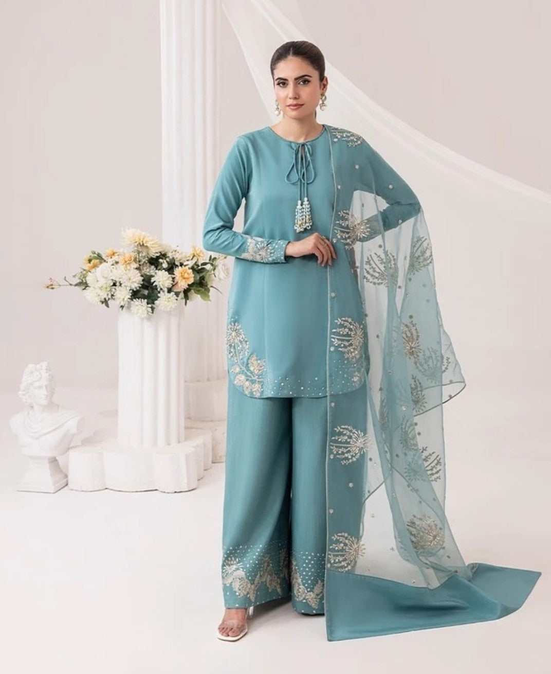 Aqua Blue Embroidered Farshi Suit Set