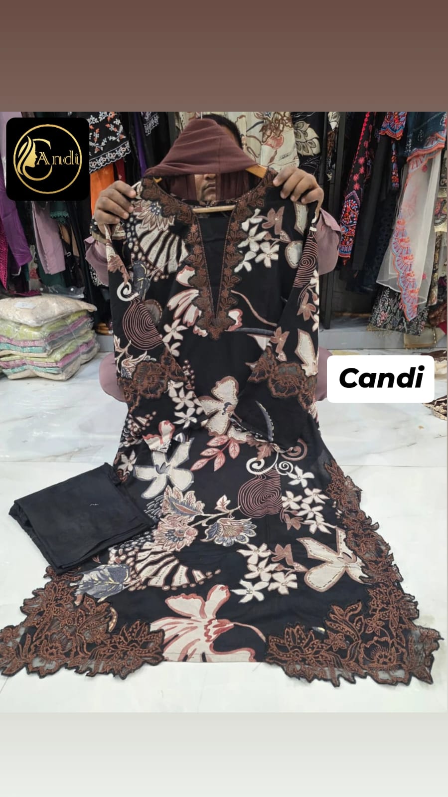 Coffee Black- Floral Cutwork Suit Set