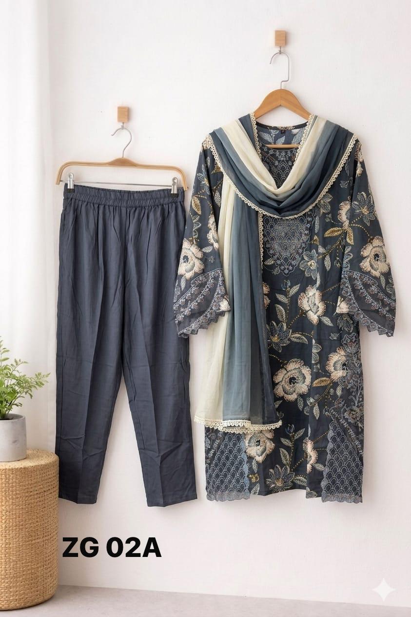 Storm Grey- Floral Cutwork Suit Set