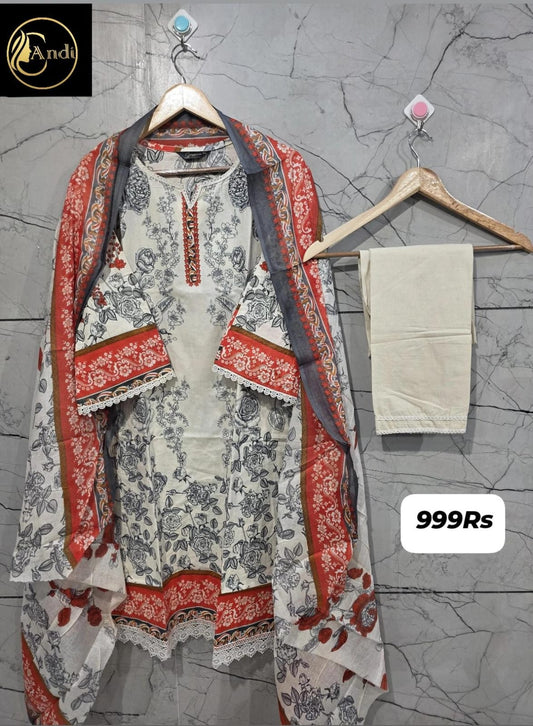 Lawn Suit Set β Cream Rust Floral