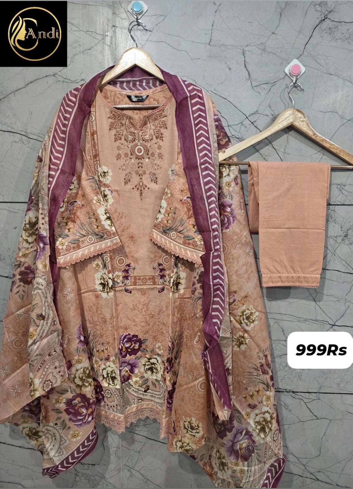 Lawn Suit Set – Peach & Plum
