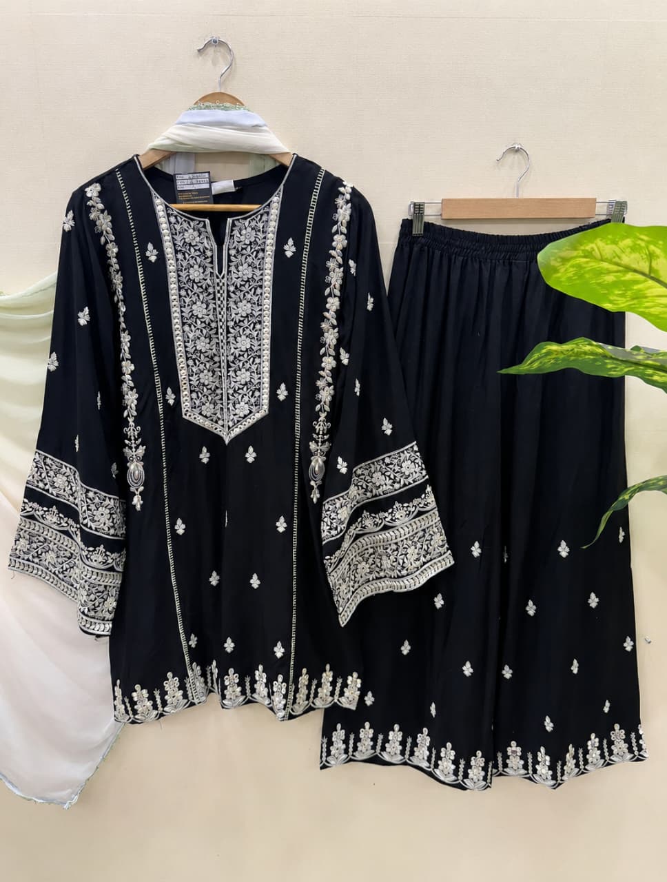 Embroidered Short Kurti Palazzo Set-Black