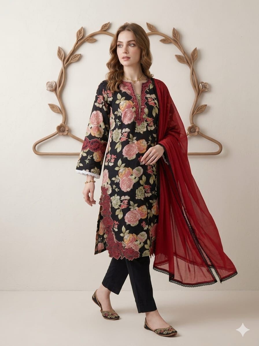 Black Rose- Floral Cutwork Suit Set