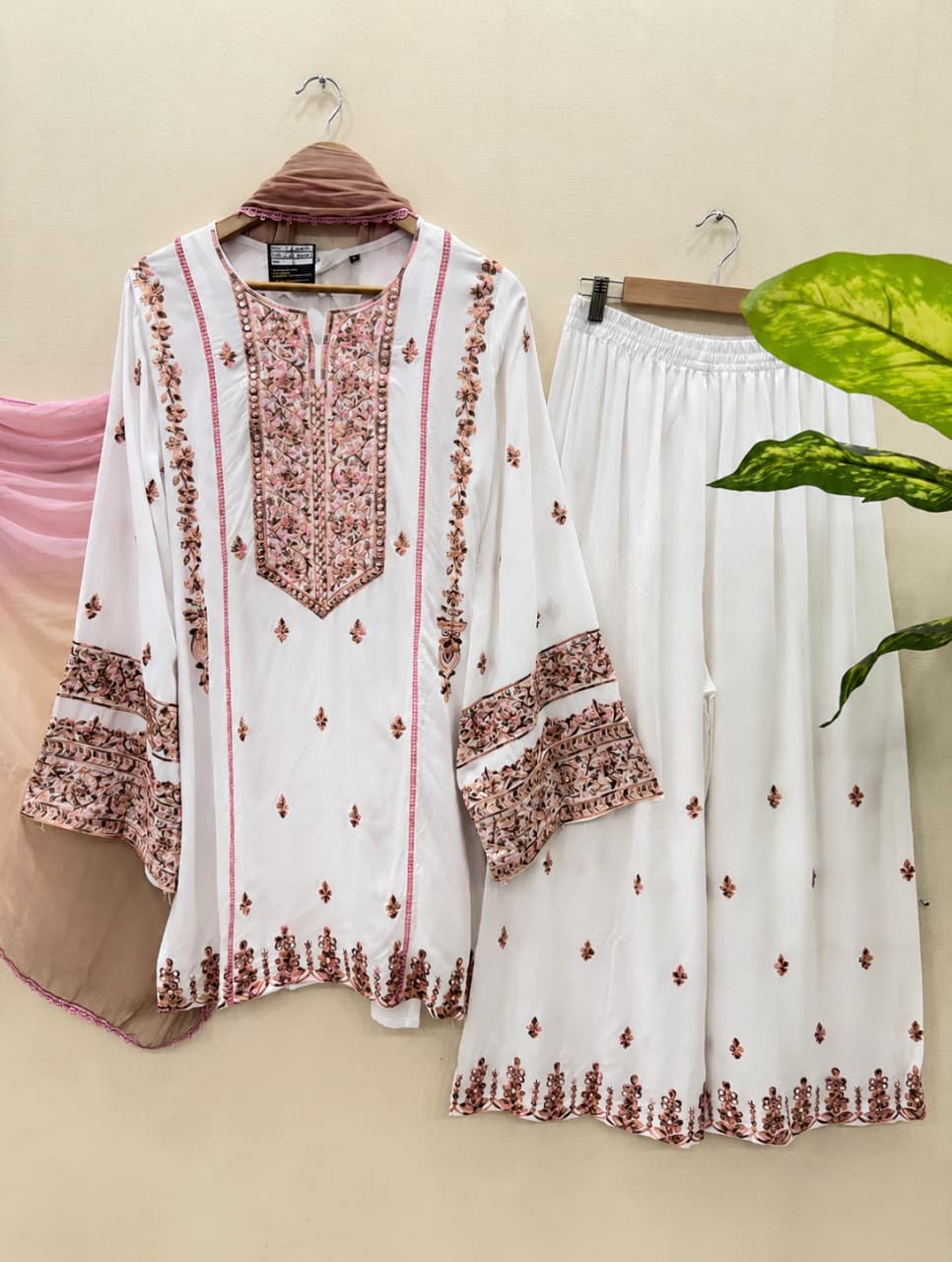 Embroidered Short Kurti Palazzo Set-White