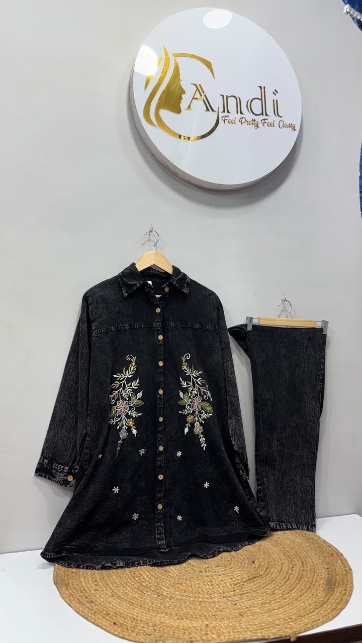 Black Floral Embroidered Denim Kurti Pant Set