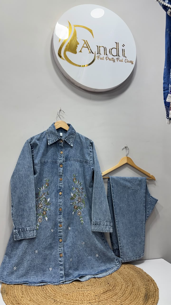 Sky Blue Floral Embroidered Denim Kurti with Pant Set