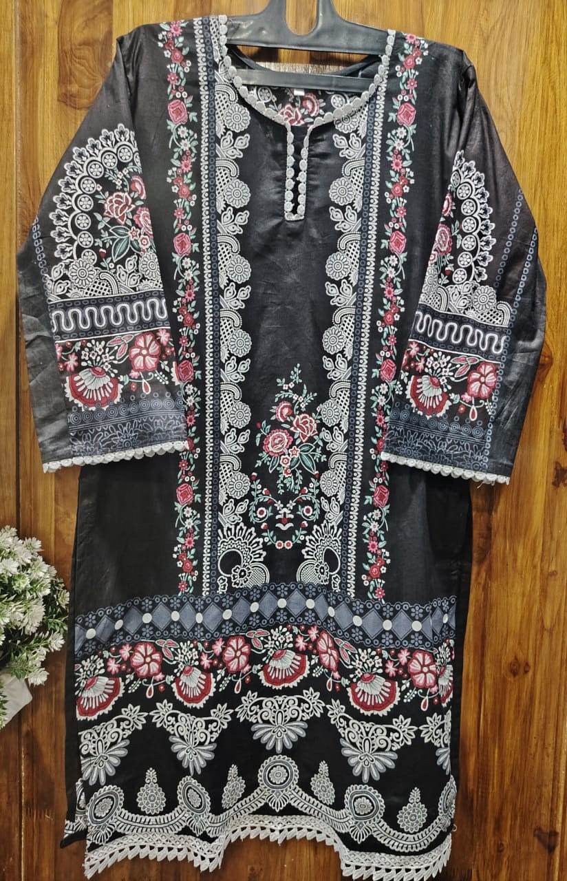 Black Digital printed Cotton Kurti pant Dupatta Set - CandiRobes