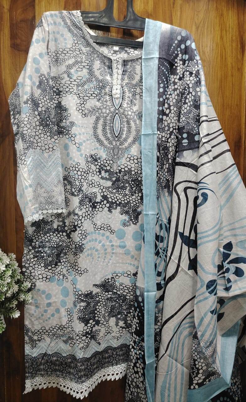 White Digital printed Cotton Kurti pant Dupatta Set - CandiRobes