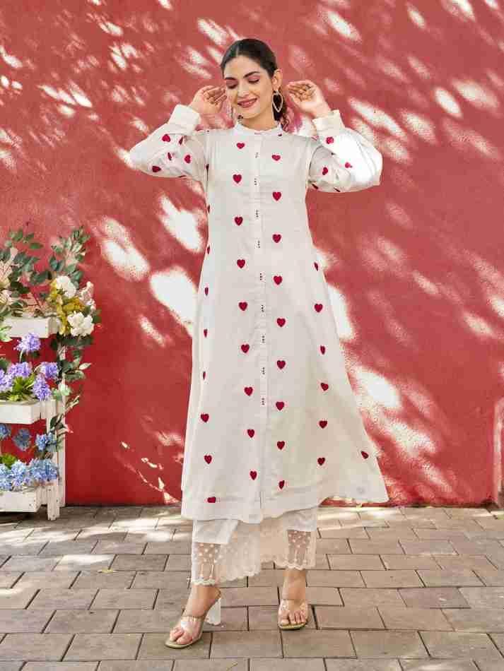 Heart Bloom White Kurti With Pant Set