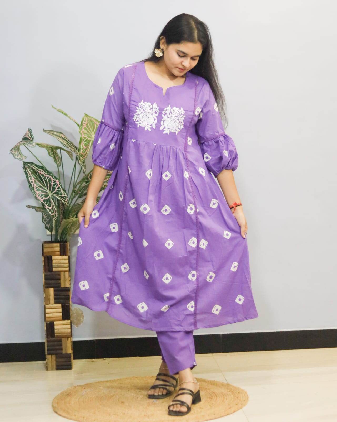 Lavender Grace Embroidered Kurti With Pant Set - CandiRobes