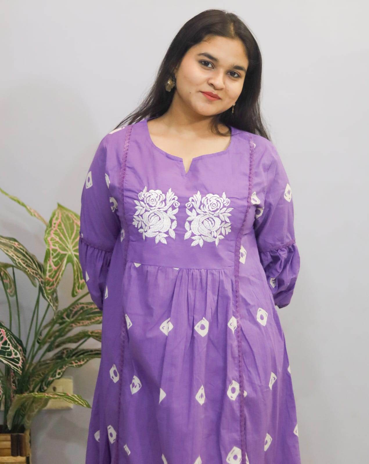 Lavender Grace Embroidered Kurti With Pant Set - CandiRobes