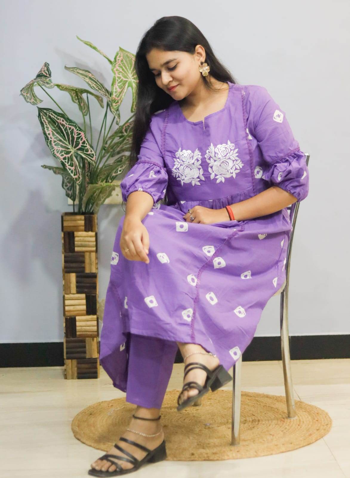 Lavender Grace Embroidered Kurti With Pant Set - CandiRobes