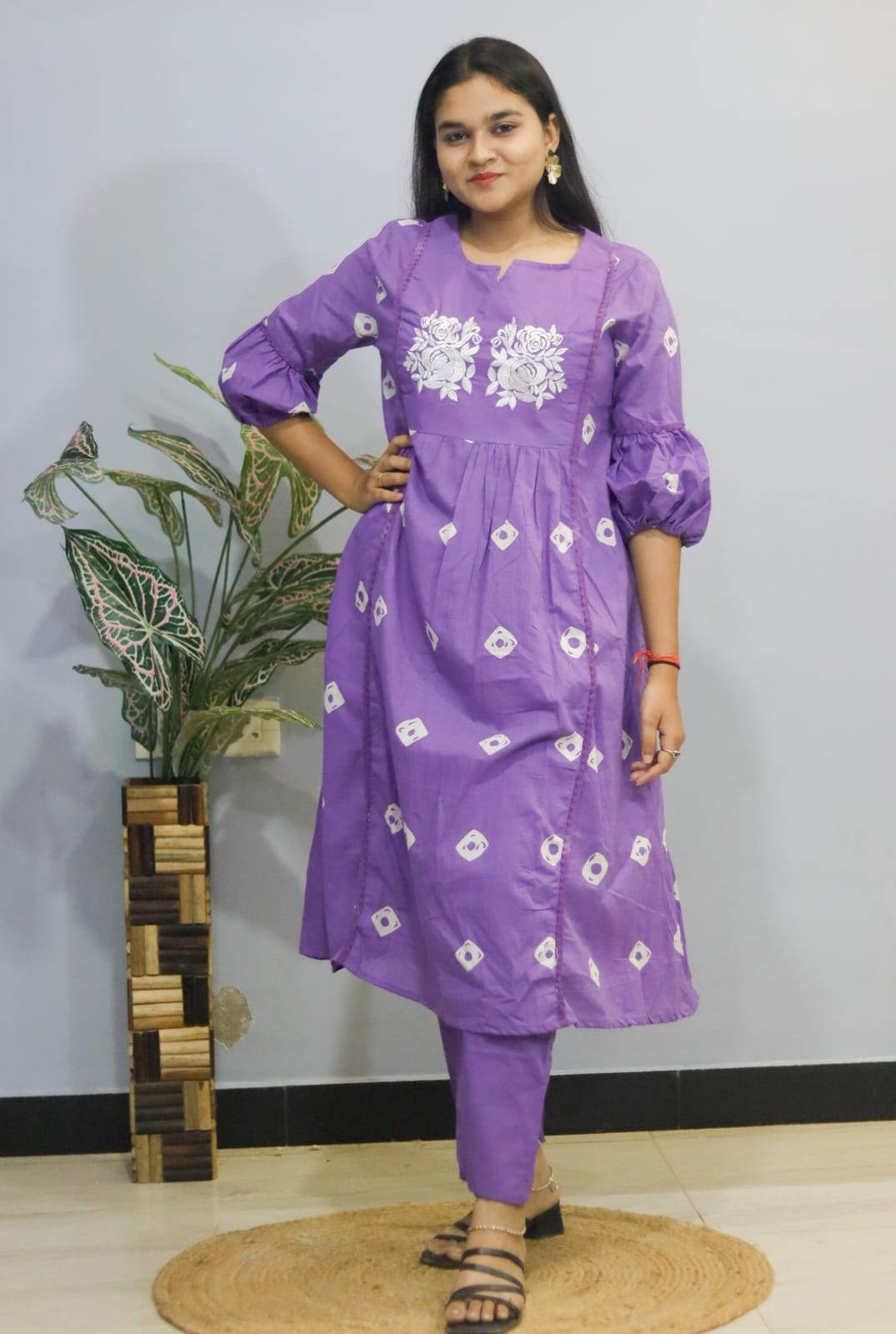 Lavender Grace Embroidered Kurti With Pant Set - CandiRobes