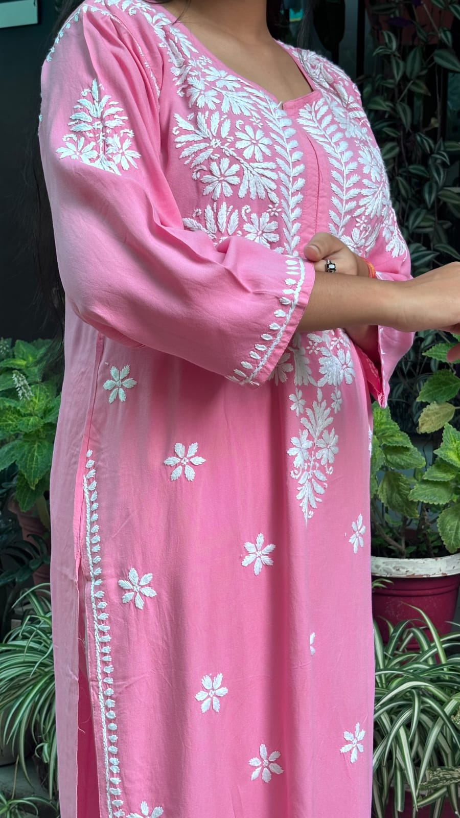 pink elegant rayon Chikan kari kurti, embroidery.