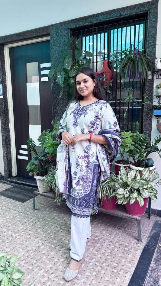 Soft Off-White Base & Deep Purple Floral Digital printed cotton kurti pant dupatta set - CandiRobes