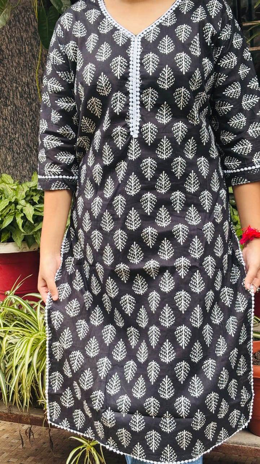 Black Printed Cotton Kurti - CandiRobes