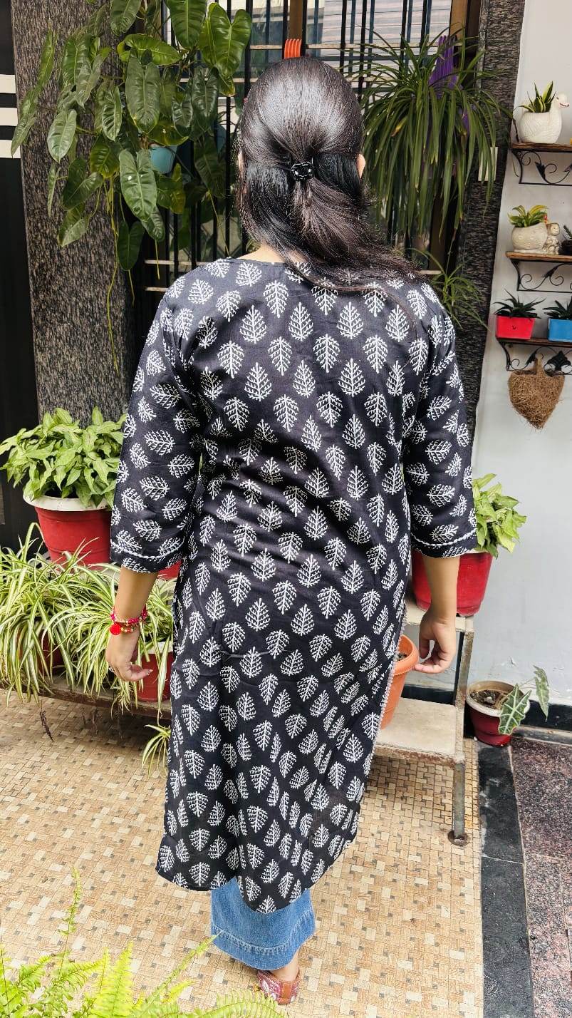 Black Printed Cotton Kurti - CandiRobes