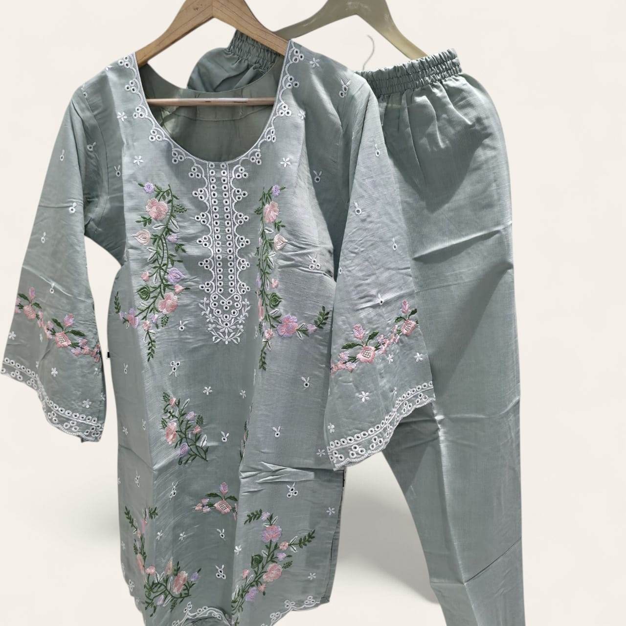 Grey Embroidered Pakistani Cord Set - CandiRobes