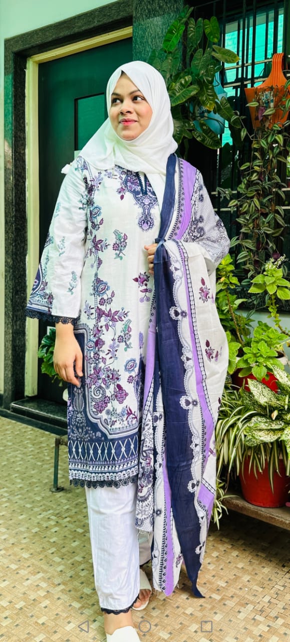 Soft Off-White Base & Deep Purple Floral Digital printed cotton kurti pant dupatta set