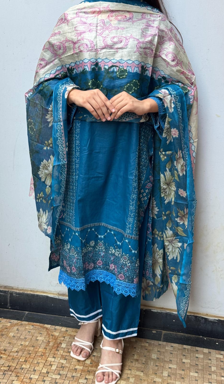 Blue Digital Print Cotton Kurti Pant Dupatta Set