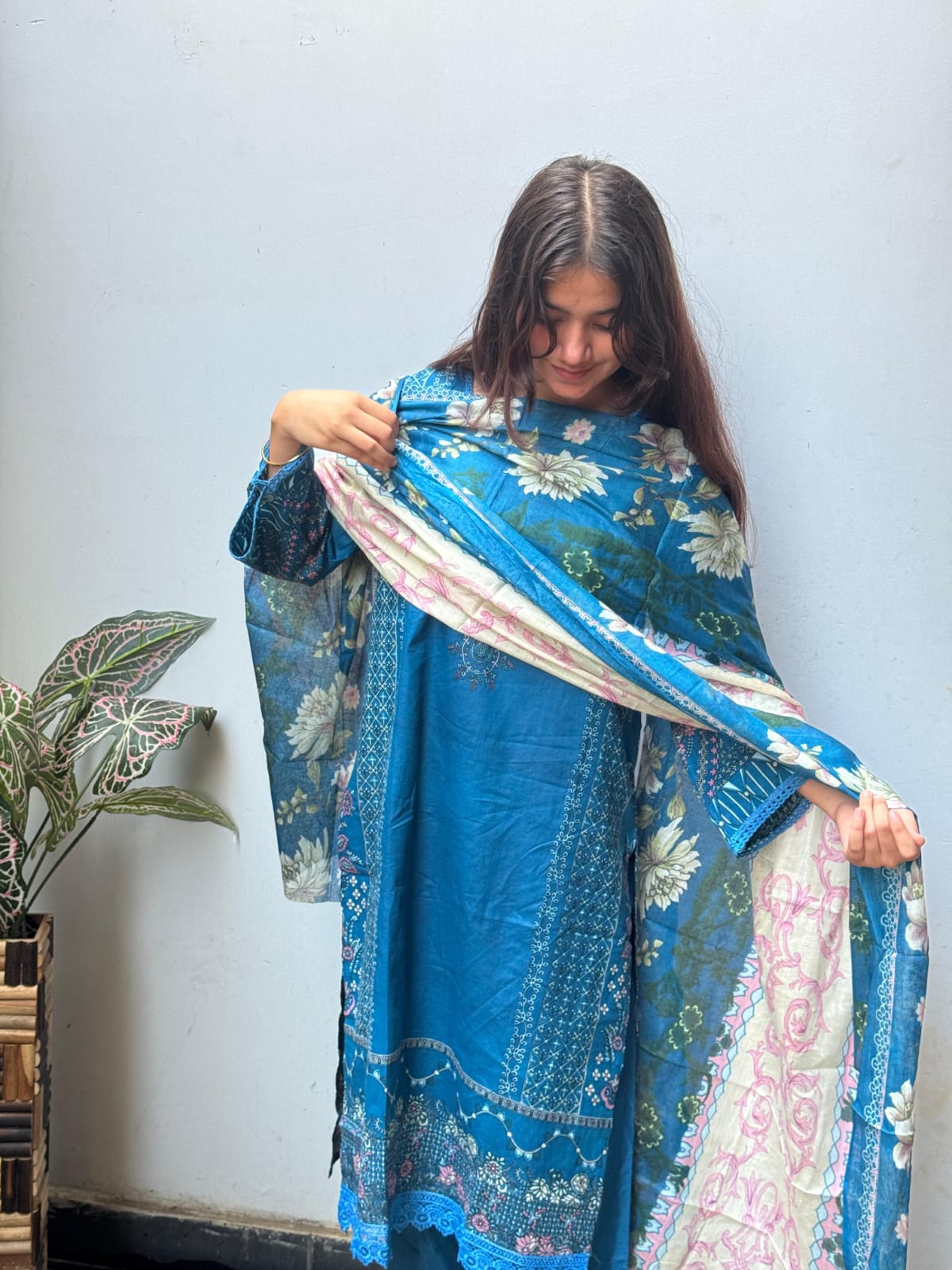 Blue Digital Print Cotton Kurti Pant Dupatta Set