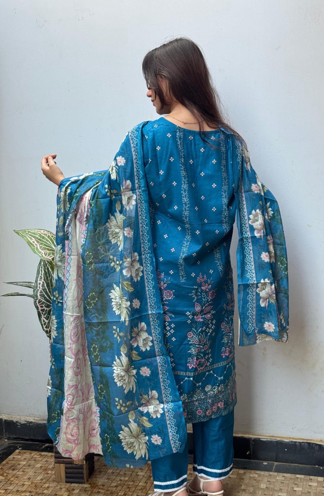 Blue Digital Print Cotton Kurti Pant Dupatta Set